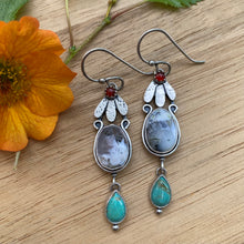 Load image into Gallery viewer, Carnelian, Dendritic Opal, &amp; Kingman Turquoise Flower Earrings