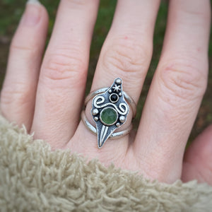 Green Serpentine & Onyx Sword Statement Ring / Size 9.25-9.75