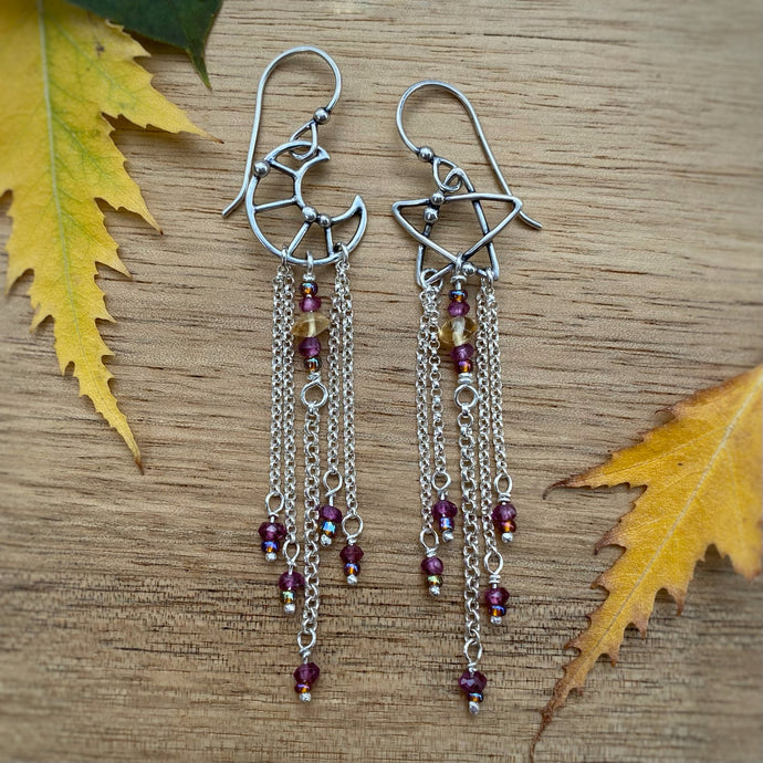 Garnet Moon & Star Beaded Fringe Earrings