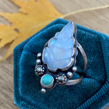 Load image into Gallery viewer, Rainbow Moonstone, Turquoise, &amp; Pyrite Leaf Ring / Size 7