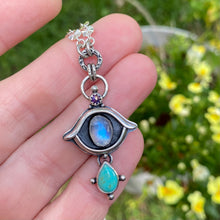 Load image into Gallery viewer, Rainbow Moonstone, Kingman Turquoise, &amp; Purple Copper Turquoise Eye Necklace / 21”