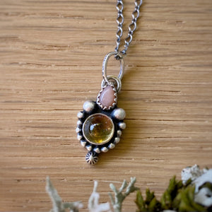 Pink Opal & Beer Quartz Pendant Necklace / 17”