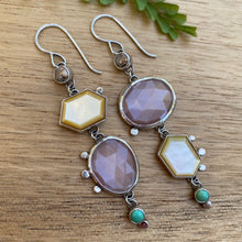 Load image into Gallery viewer, Asymmetrical Mother of Pearl, Peach Moonstone, Copper Calcite, &amp; Turquoise Earrings