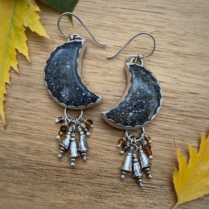 Black Sunstone Moon Bell Earrings