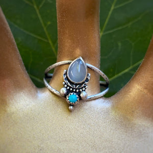 White Moonstone & Turquoise Statement Ring / Size 11.25 - 11.5