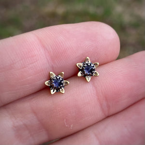 Iolite Brass Flower Stud Earrings