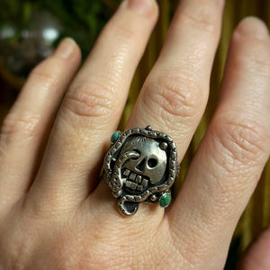 Tibetan Turquoise Magic Skull Ring / Size 8.75