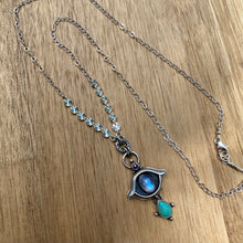 Load image into Gallery viewer, Rainbow Moonstone, Kingman Turquoise, &amp; Purple Copper Turquoise Eye Necklace / 21”