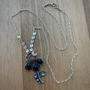 Garnet, Sunstone, & Peridot Lunar Flower Necklace / 18”