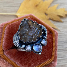 Load image into Gallery viewer, Rutilated Quartz, Amethyst, &amp; Peach Moonstone Leaf Ring / Size 7.5