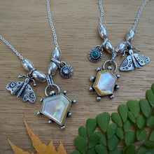 Load image into Gallery viewer, Mother of Pearl &amp; Turquoise Moth Charm Necklace / 17”