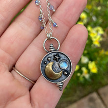 Load image into Gallery viewer, Rainbow Moonstone Moon Shadowbox Necklace / 22”