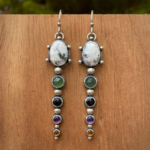 Load image into Gallery viewer, Dendritic Opal, Green Serpentine, Onyx, Amethyst, &amp; Citrine Statement Earrings