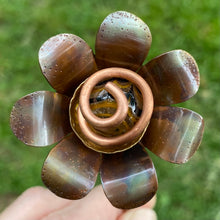 Load image into Gallery viewer, Copper, Brass, &amp; Glass Flower Pick / Yellow + Black Swirl