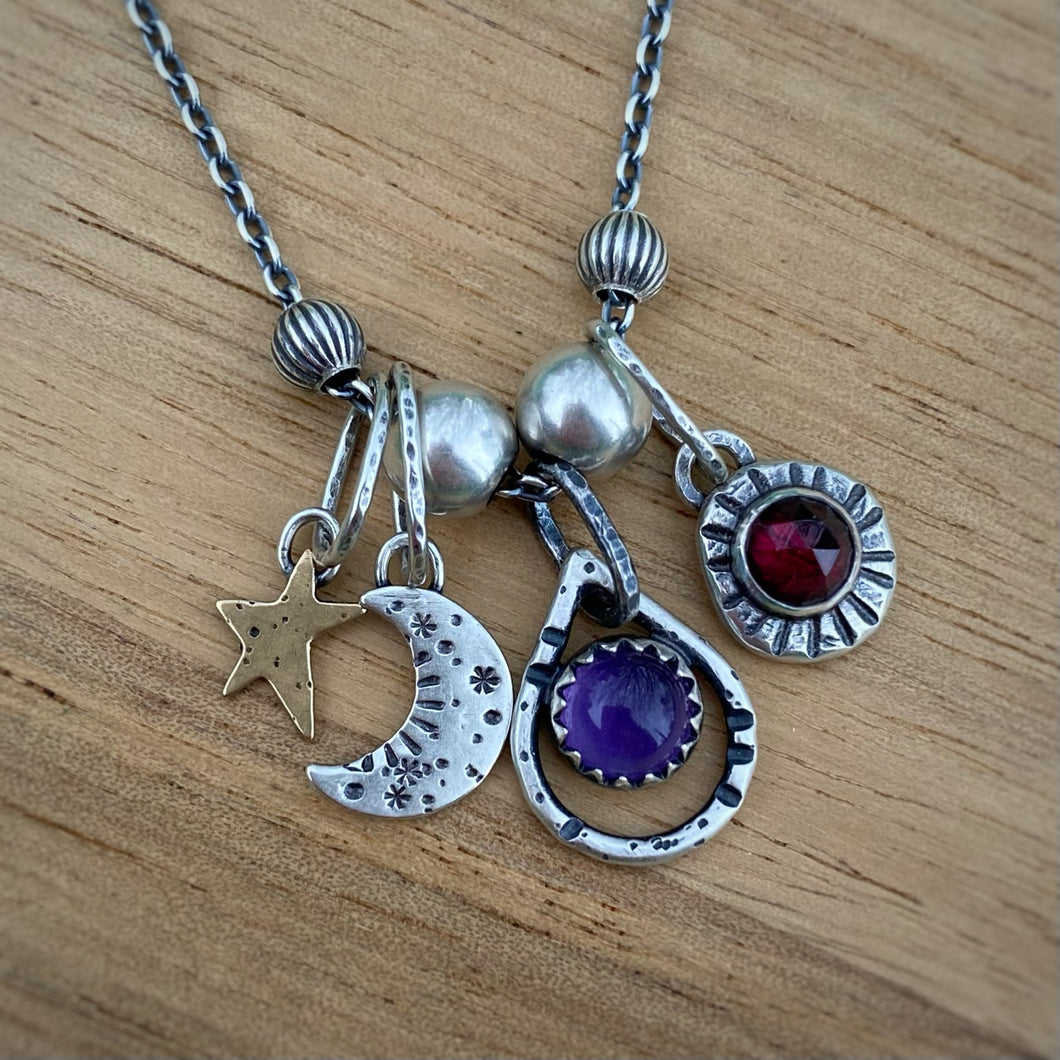 Amethyst & Garnet Celestial Charm Necklace / 18”