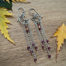 Load image into Gallery viewer, Garnet Moon &amp; Star Beaded Fringe Earrings