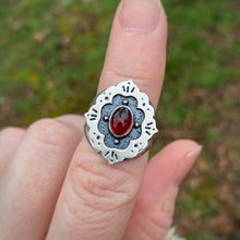 Load image into Gallery viewer, Garnet Ornate Frame Ring / Size 7-7.25