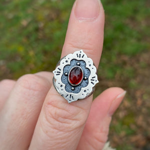 Garnet Ornate Frame Ring / Size 7-7.25