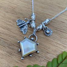 Load image into Gallery viewer, Mother of Pearl &amp; Labradorite Moth Charm Necklace / 18”