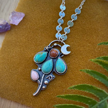 Load image into Gallery viewer, Kingman Turquoise, Sunstone, &amp; Pink Opal Lunar Flower Necklace / 20”