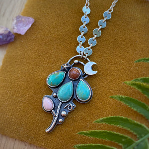 Kingman Turquoise, Sunstone, & Pink Opal Lunar Flower Necklace / 20”