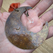 Load image into Gallery viewer, Brass &amp; Glass Crescent Moon Ornament / Rust