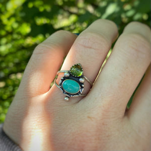 Peridot & Turquoise Statement Ring / Size 8.25