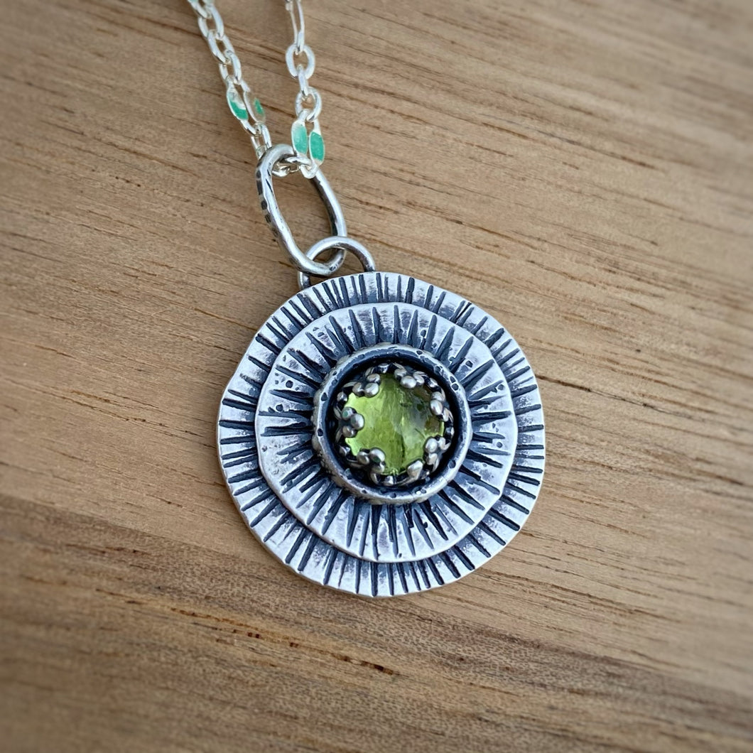 Peridot Circles Stamped Pendant Necklace / 18”