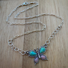 Load image into Gallery viewer, Kingman Turquoise &amp; Pink Opal Lunar Butterfly Necklace / 17”