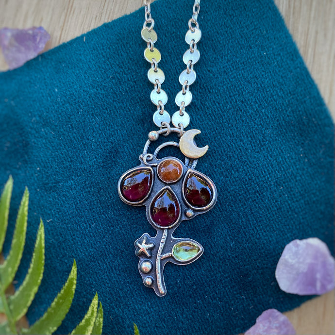 Garnet, Sunstone, & Peridot Lunar Flower Necklace / 18”