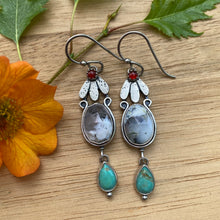 Load image into Gallery viewer, Carnelian, Dendritic Opal, &amp; Kingman Turquoise Flower Earrings