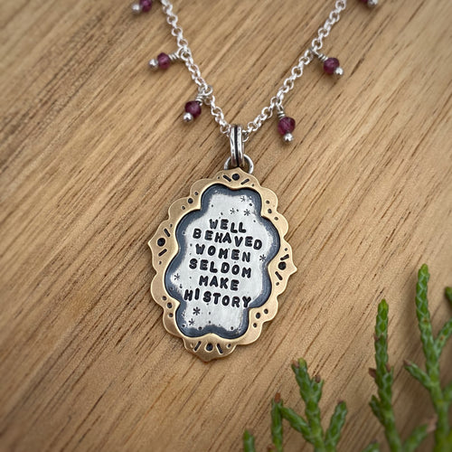 “Well Behaved Women” Ornate Frame Necklace / 22”