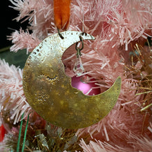 Load image into Gallery viewer, Brass &amp; Glass Crescent Moon Ornament / Rust