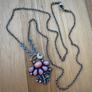 Pink Opal, Coral, & Peridot Lunar Flower Necklace / 22.5”