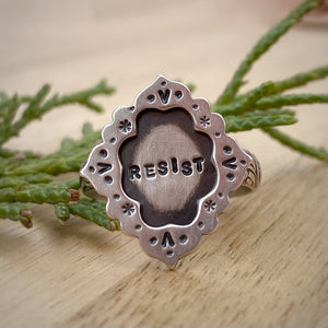 “Resist” Ornate Frame Ring / Size 7.5