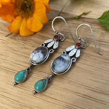 Load image into Gallery viewer, Carnelian, Dendritic Opal, &amp; Kingman Turquoise Flower Earrings