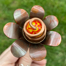 Load image into Gallery viewer, Copper, Brass, &amp; Glass Flower Pick / Red + Yellow Swirl