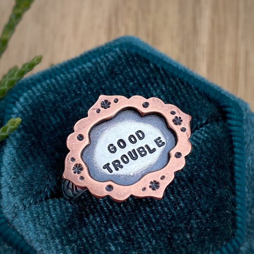 “Good Trouble” Ornate Frame Ring / Size 8.5