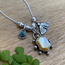 Load image into Gallery viewer, Mother of Pearl &amp; Turquoise Moth Charm Necklace / 17”