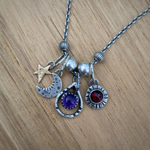 Load image into Gallery viewer, Amethyst &amp; Garnet Celestial Charm Necklace / 18”
