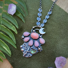 Load image into Gallery viewer, Pink Opal, Coral, &amp; Peridot Lunar Flower Necklace / 22.5”