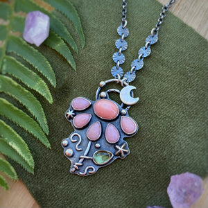 Pink Opal, Coral, & Peridot Lunar Flower Necklace / 22.5”
