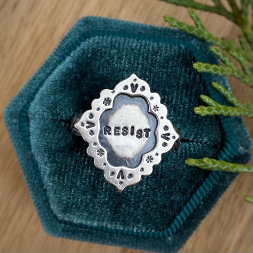 “Resist” Ornate Frame Ring / Size 7.5