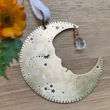 Load image into Gallery viewer, Brass &amp; Glass Crescent Moon Ornament {E}