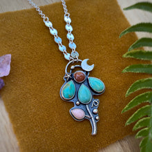 Load image into Gallery viewer, Kingman Turquoise, Sunstone, &amp; Pink Opal Lunar Flower Necklace / 20”