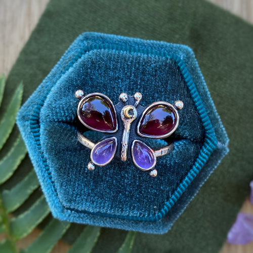 Garnet & Amethyst Lunar Butterfly Ring / Size 10