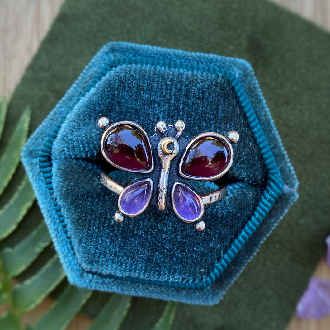 Garnet & Amethyst Lunar Butterfly Ring / Size 10