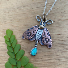 Load image into Gallery viewer, Kingman Turquoise Mixed Metal Moth Necklace / 22”