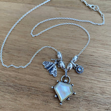Load image into Gallery viewer, Mother of Pearl &amp; Labradorite Moth Charm Necklace / 18”