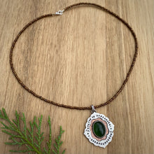 Load image into Gallery viewer, Green Serpentine Ornate Frame Necklace / 17”